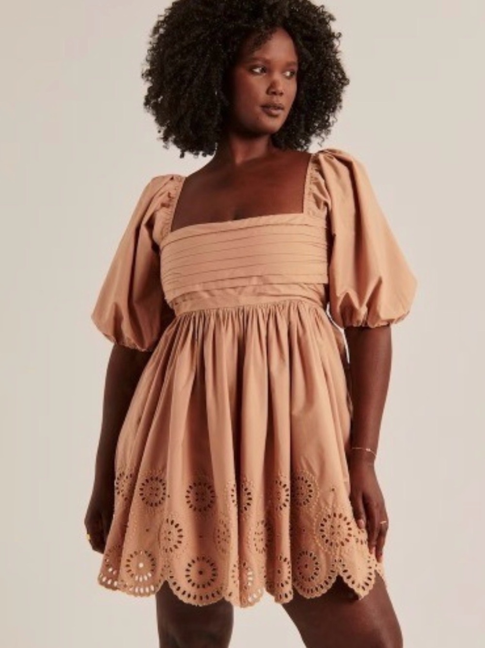 Abercrombie & Fitch Blush Tan Eyelet Puff Sleeve Mini Dress
